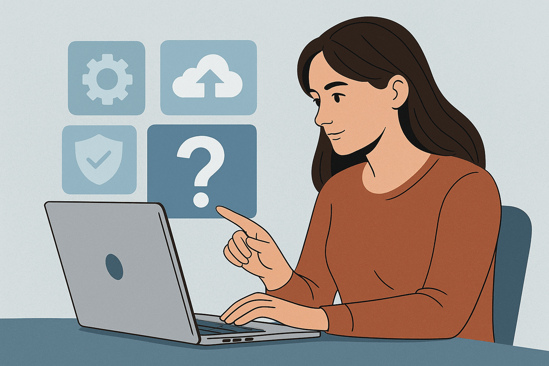 Young woman choosing her first IT certification, pointing at question mark icon on screen