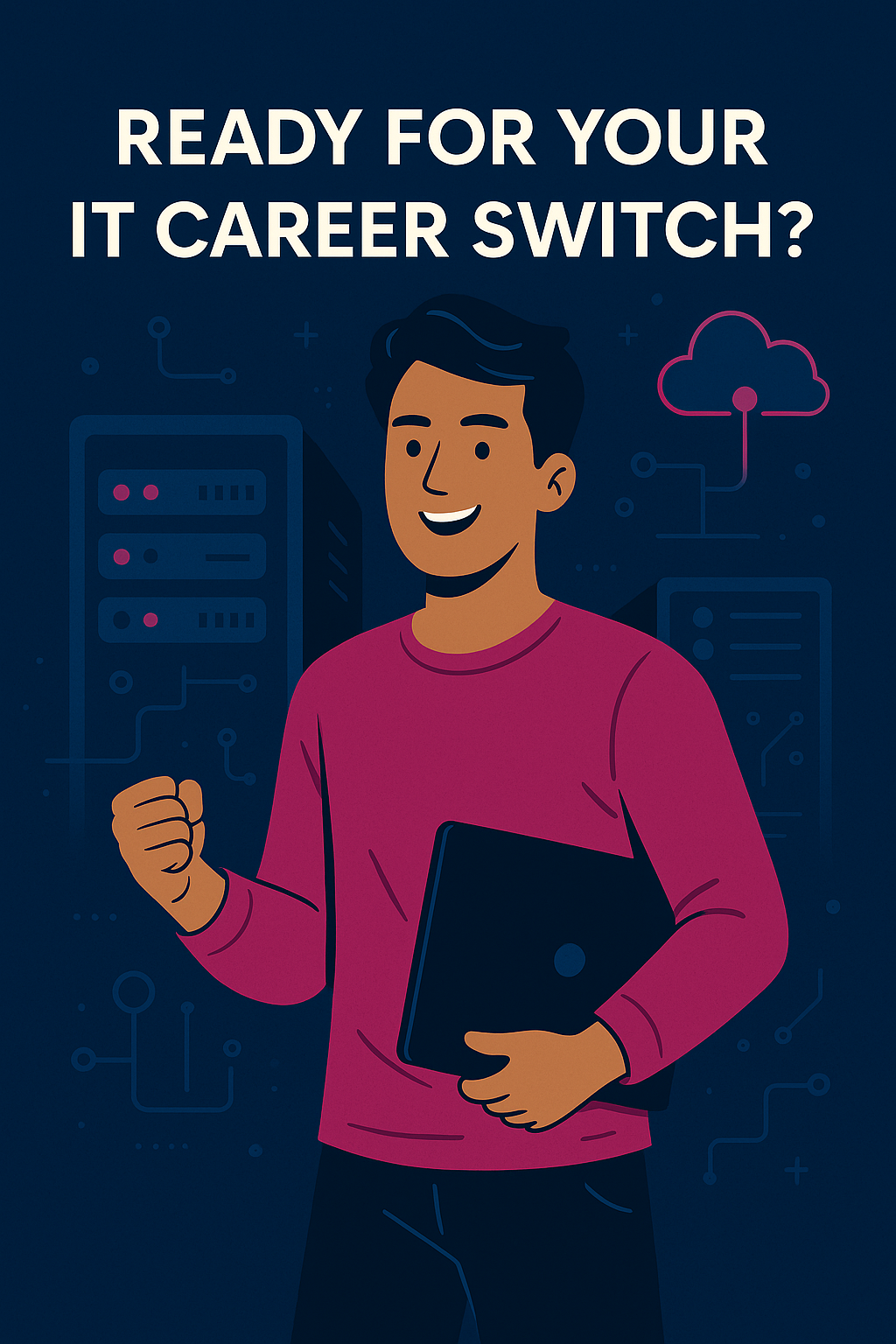 Illustration of an IT career switch with happy professional