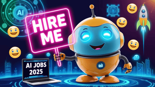 Cartoon robot holding a ‘Hire Me’ sign—AI jobs are booming!