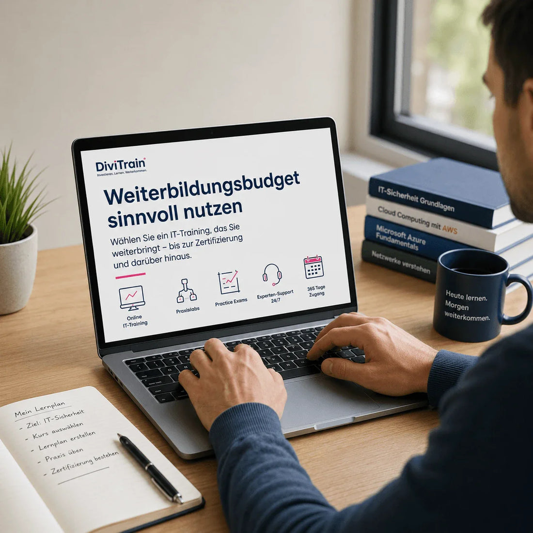 Weiterbildungsbudget sinnvoll nutzen“, mit Fokus auf Online IT-Training, Praxislabs, Practice Exams, Tutor Support und 365 Tage Zugang in einem ruhigen modernen Arbeitsumfeld.
