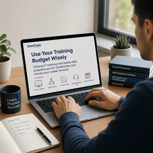 Professional working at a laptop with the text “Use Your Training Budget Wisely”, showing online IT training, hands-on labs, practice exams, tutor support and 365 days of access in a clean workspace.