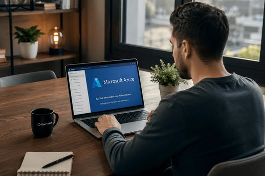 Man werkt op laptop met Microsoft Azure training in rustige thuiswerkplek met natuurlijk licht en minimalistische werkplek