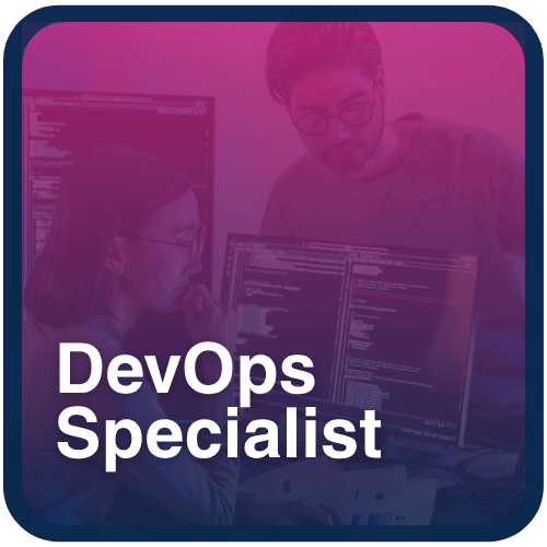 Two IT professionals collaborating on DevOps workflows in front of code-filled monitors — representing DevOps specialist training in CI/CD, automation, and infrastructure as code.