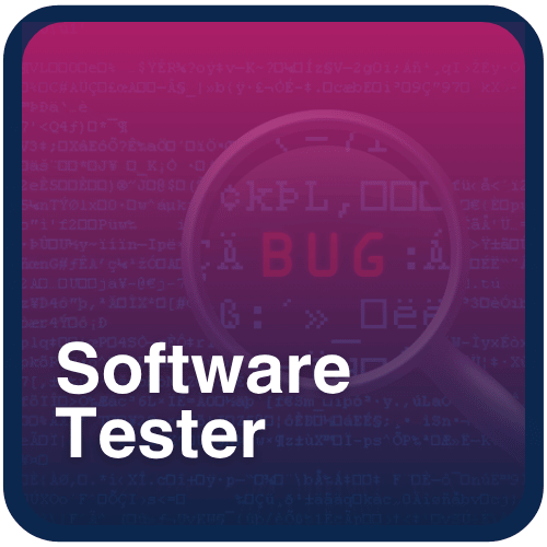 Magnifying glass highlighting the word BUG in code — representing software testing, quality assurance, and debugging in professional QA training.