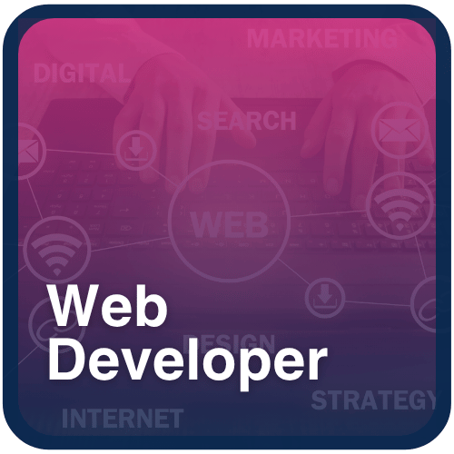 Hands typing on a laptop with digital icons for web, internet, and strategy — representing web development training in front-end, back-end, and full-stack technologies.
