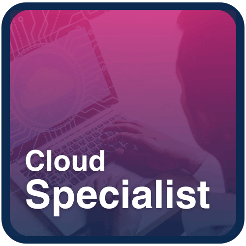 Cloud specialist working on laptop with digital network overlay, symbolizing cloud computing, virtualization, and cloud infrastructure training.
