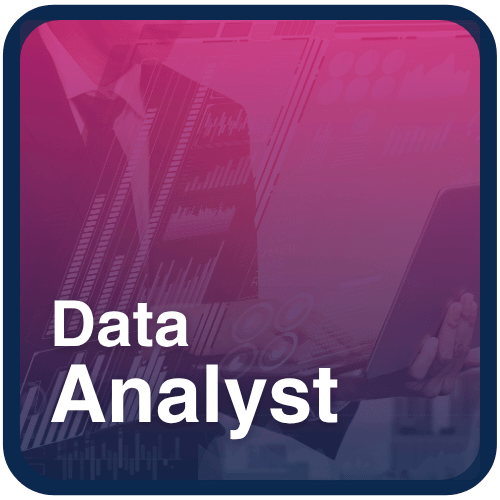 Stylized Data Analyst concept image showing business charts, digital dashboards, and a professional using a laptop, used as a visual for data specialist training.
