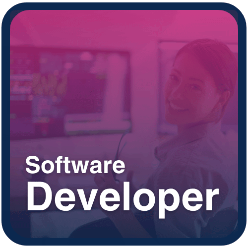 Smiling female software developer at workstation with code on screen, symbolizing modern programming skills and software development training.