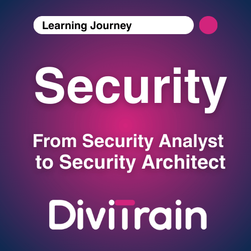 Promotional graphic for a security training course titled 'Security - From Security Analyst To Security Architect' by DiviTrain, featuring a purple background with text and logo.