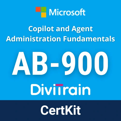 Microsoft certification graphic for 'Copilot and Agent Administration Fundamentals AB-900' with the DiviTrain brand and CertKit, featuring a bright blue background and a dark blue banner at the bottom.