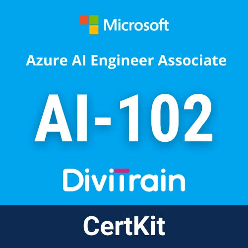 Microsoft Azure AI Engineer Associate certification exam guide with Diviitrain and CertKit branding on a blue background.