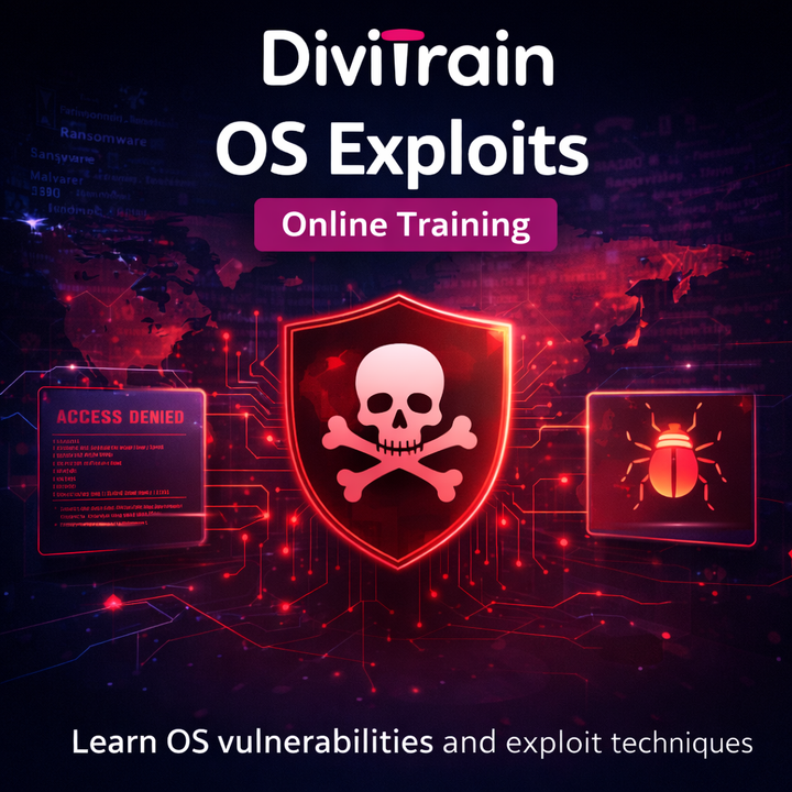 DiviTrain OS Exploits online training image showing a red cybersecurity shield with a skull icon, digital network visuals and security alerts, representing operating system vulnerabilities and exploit techniques.