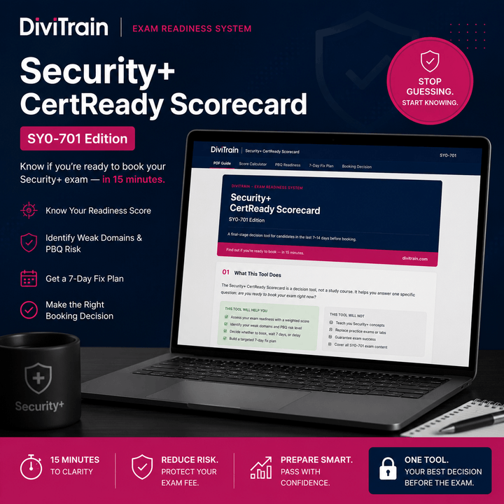 Laptop displaying DiviTrain Security+ CertReady Scorecard with promotional text on a dark background