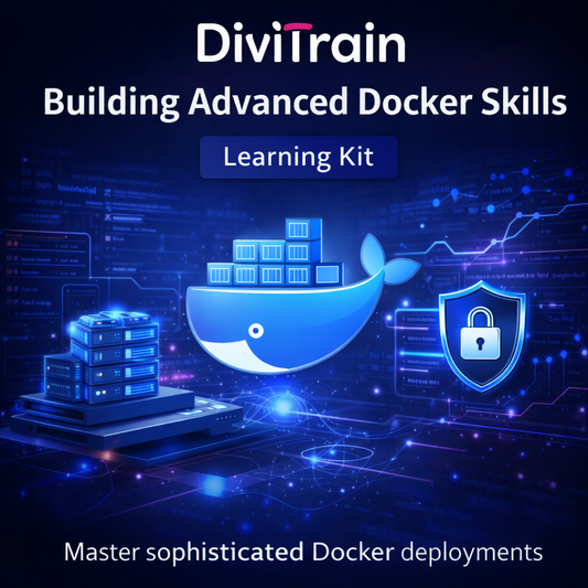 Building Advanced Docker Skills Learning Kit image showing a Docker whale with stacked containers, server infrastructure and security icons, representing advanced containerization, optimization and secure Docker workflows in a modern DevOps environment.