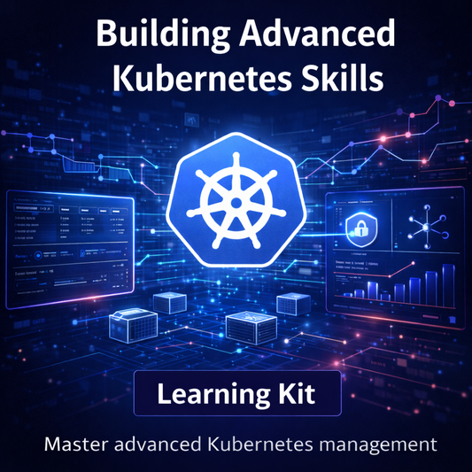 Building Advanced Kubernetes Skills Learning Kit image showing the Kubernetes helm icon surrounded by dashboards, container nodes and security visuals, representing advanced cluster management, scaling and secure cloud-native operations.