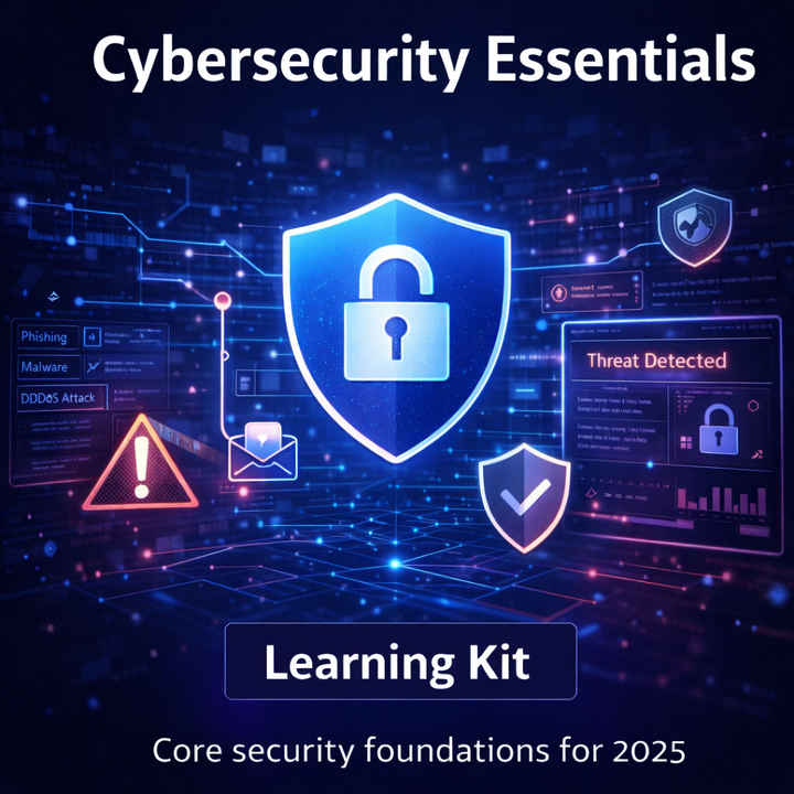 Cybersecurity Essentials Learning Kit image showing a blue security shield with a padlock, surrounded by threat alerts and digital network visuals, representing core cybersecurity foundations and modern security concepts for 2025.