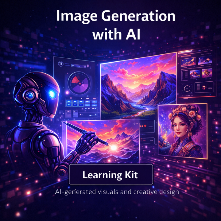 Image Generation with AI Learning Kit image showing AI-generated visuals, abstract creative shapes and digital art elements, representing practical AI-driven image creation for marketing, design and content use.