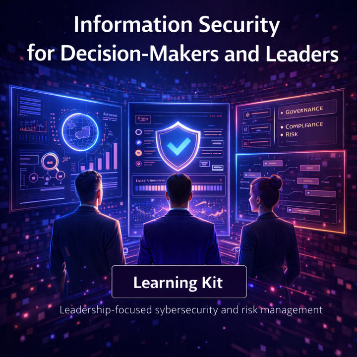 Information Security for Decision-Makers and Leaders Learning Kit image showing executive-level security dashboards, risk indicators and governance visuals, representing strategic information security decision-making for leaders.