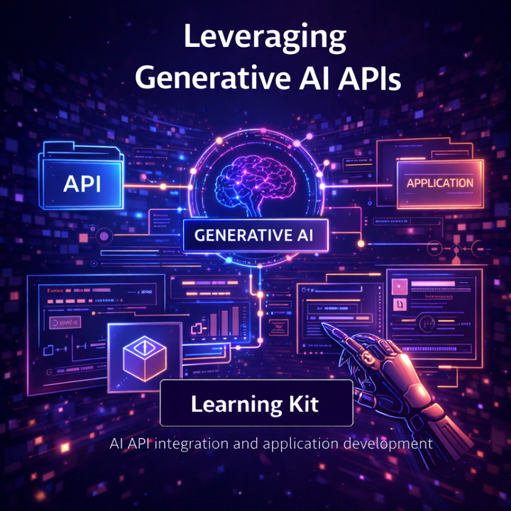Leveraging Generative AI APIs Learning Kit image showing connected API endpoints, AI model interfaces and application workflows, representing practical integration of generative AI APIs into modern software systems.