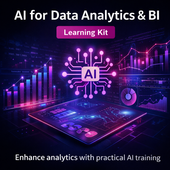AI for Data Analytics & BI Learning Kit image showing AI-powered data dashboards, charts and graphs with a central AI icon, representing practical artificial intelligence for data analytics and business intelligence training.