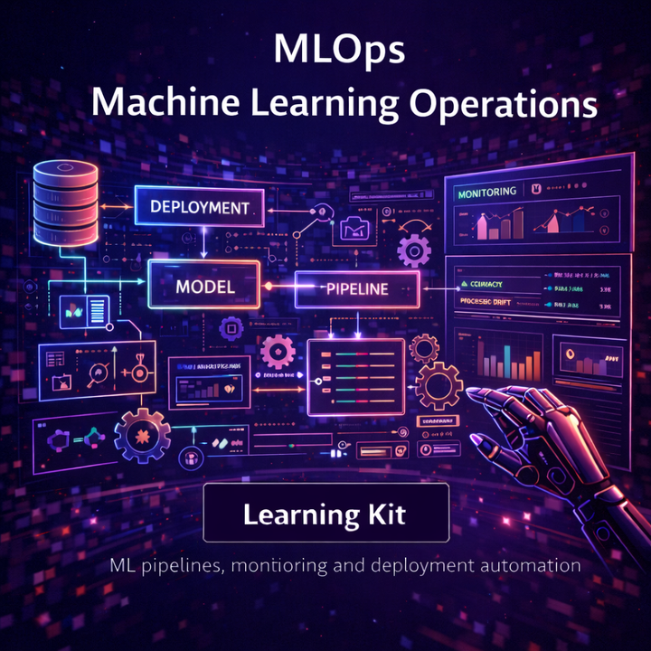 MLOps Machine Learning Operations Learning Kit image showing automated ML pipelines, deployment stages and monitoring dashboards, representing production machine learning operations and scalable AI workflows.