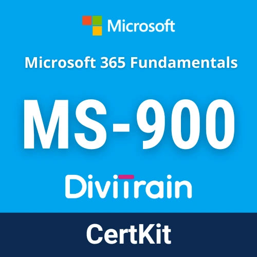 Microsoft 365 Fundamentals MS-900 certification course promotional image with Microsoft logo and Diviitrain branding.