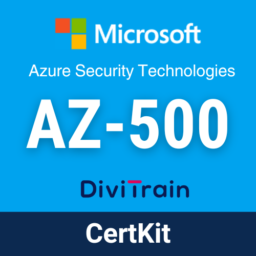 Promotional image for Microsoft Azure Security Technologies AZ-500 training by DiviTrain CertKit, with Microsoft logo, course code, and brand colors.
