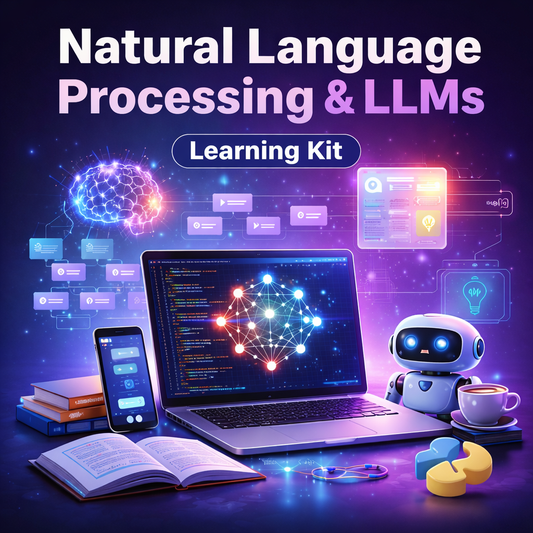 Natural Language Processing and LLMs Learning Kit by DiviTrain with laptop, neural network visualization, AI chatbot and learning tools in a modern tech environment