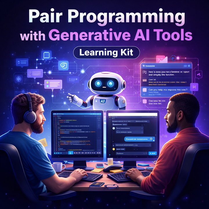 Pair Programming with Generative AI Tools learning kit by DiviTrain showing two developers collaborating with an AI assistant and code editors in a modern development environment.