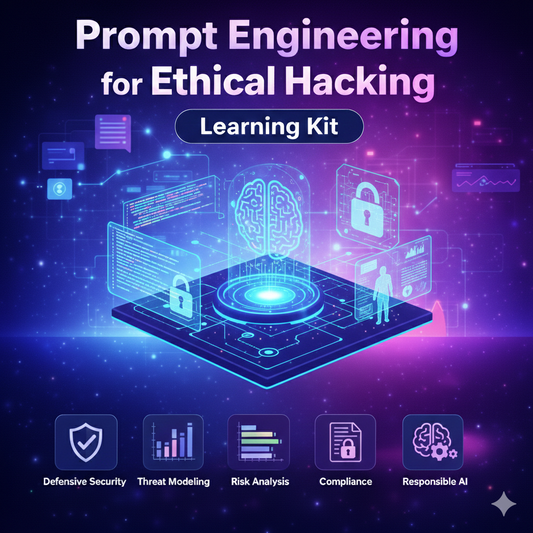 Prompt Engineering for Ethical Hacking learning kit by DiviTrain showing professionals using AI assisted cybersecurity analysis, defensive security dashboards, and responsible AI workflows